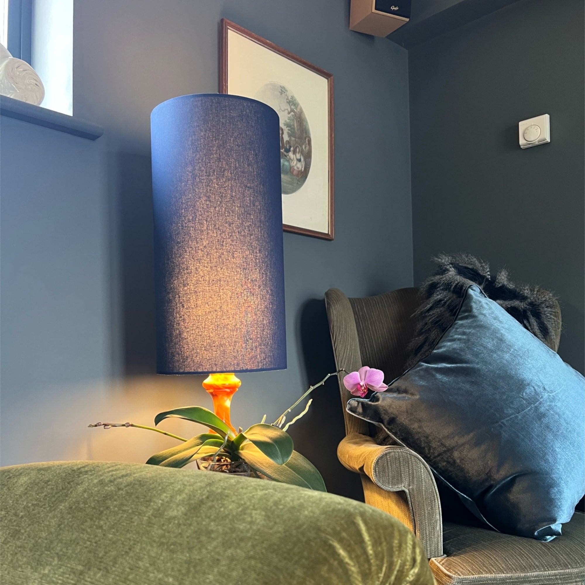 Navy Cotton Lampshade | Extra Tall Cylinder Ceiling Light Shade | Bespoke Handmade UK