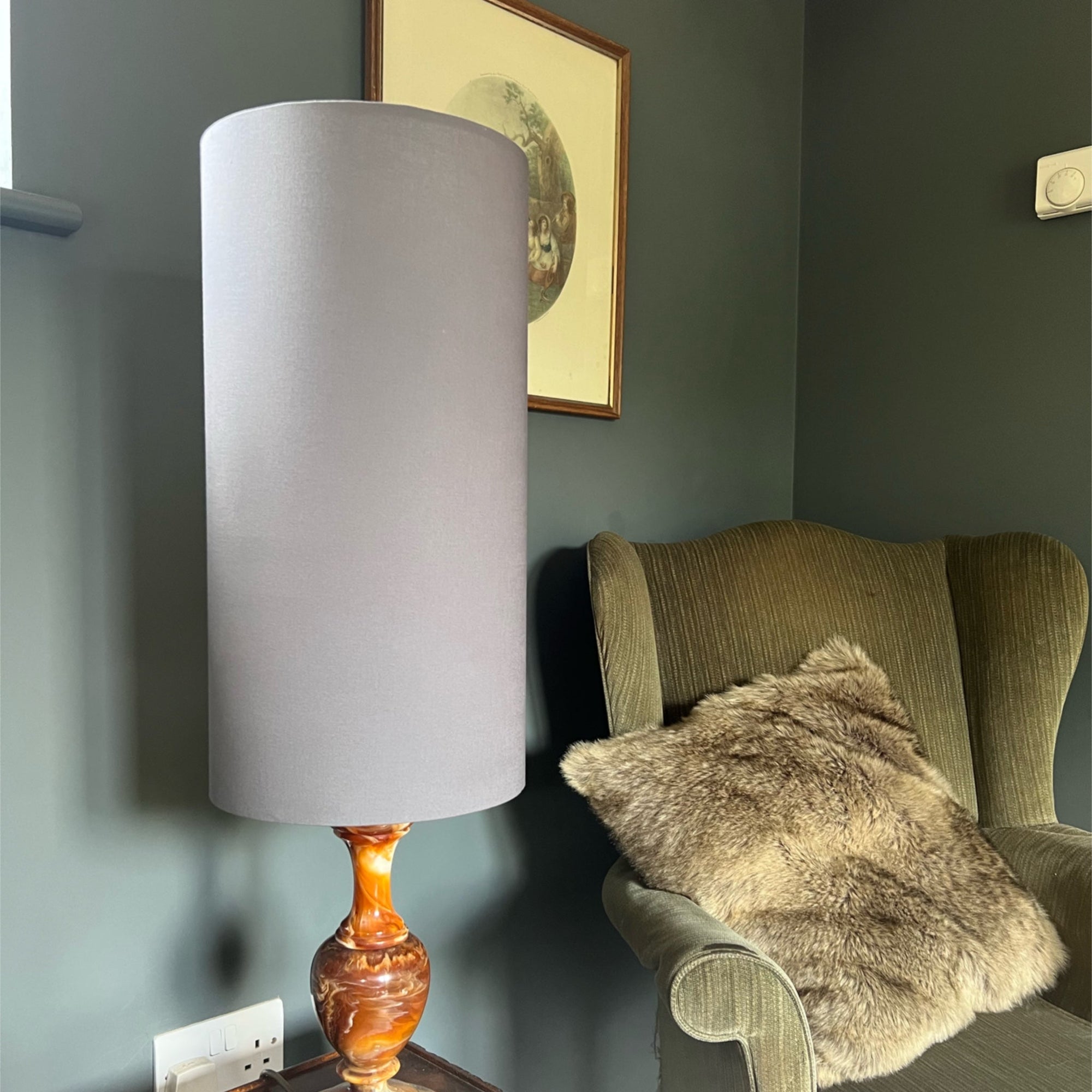 Grey Cotton Lampshade | Extra Tall Cylinder Ceiling Light Shade | Bespoke Handmade UK