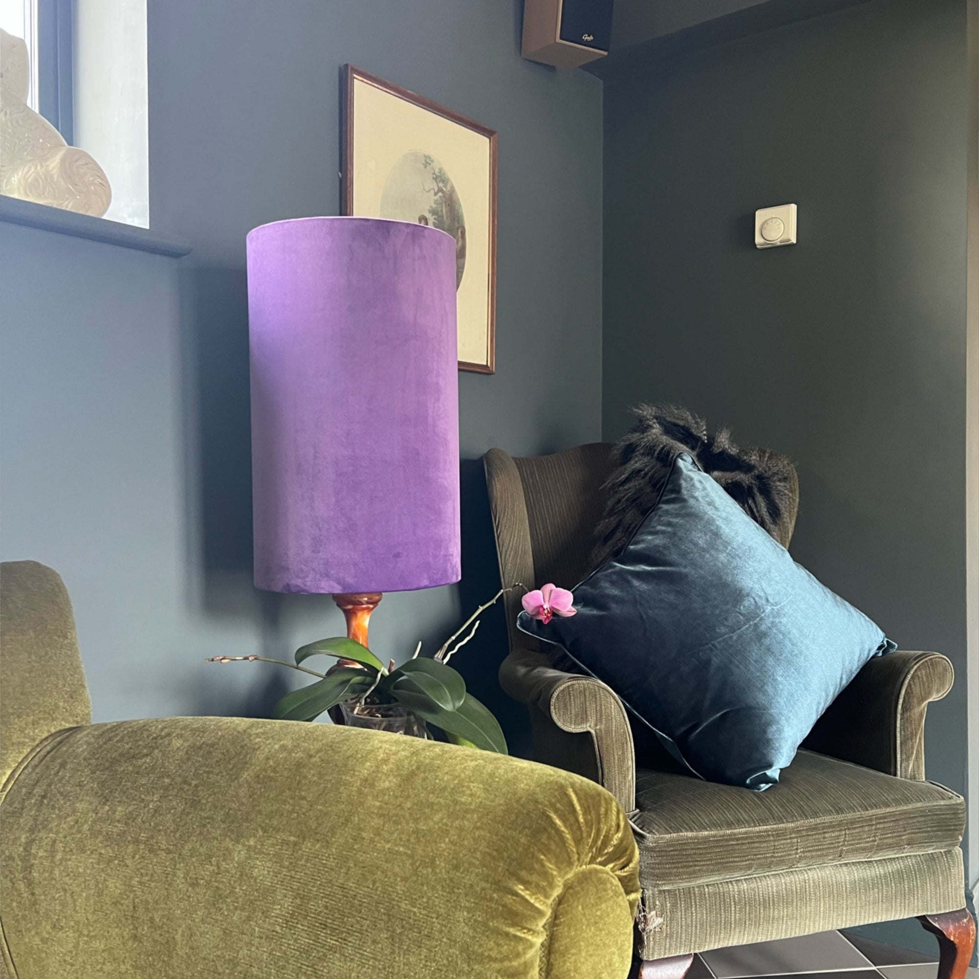 Purple velvet cylinder lampshade, extra tall lampshade