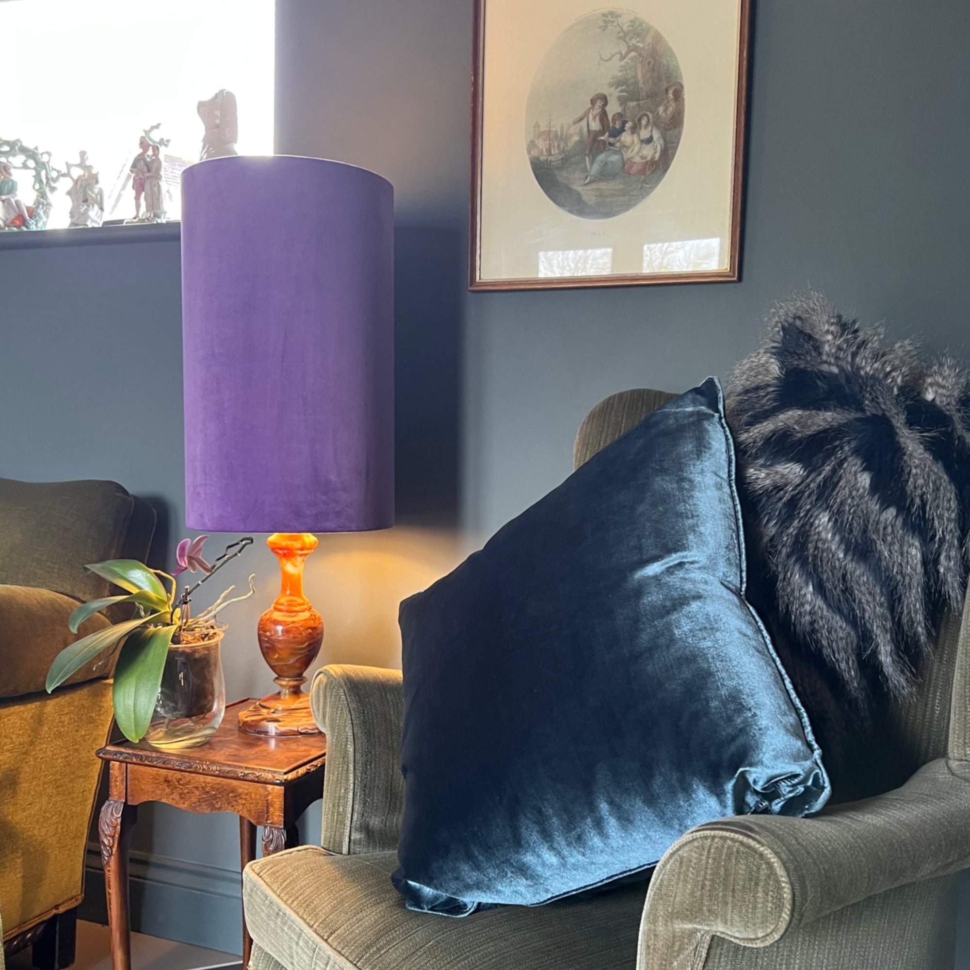 Purple velvet cylinder lampshade, extra tall lampshade