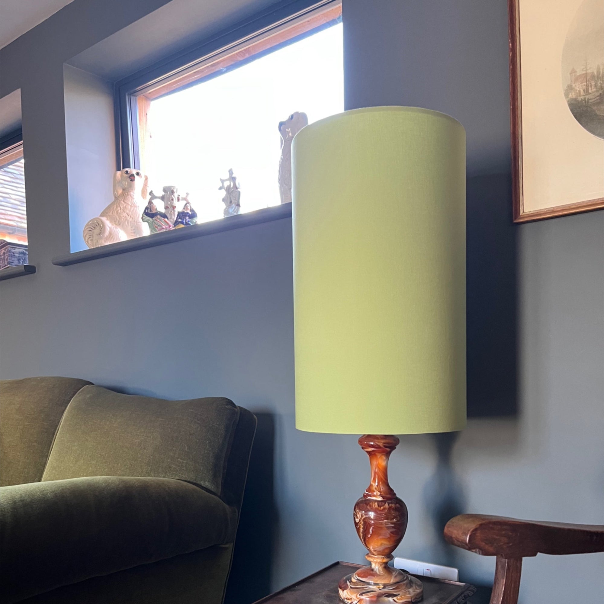 Sage Cotton Lampshade | Extra Tall Cylinder Ceiling Light Shade | Bespoke Handmade UK