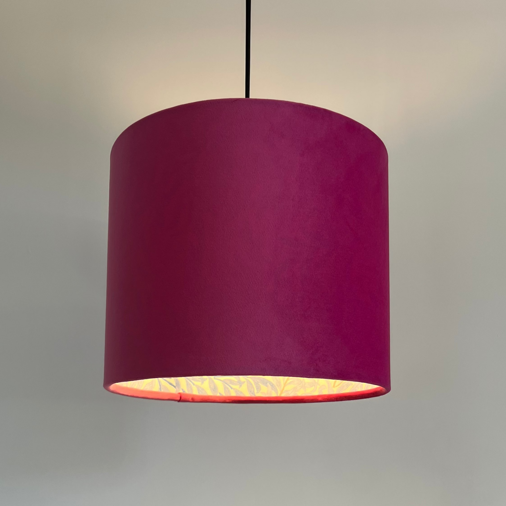 Hot Pink Velvet &amp; William Morris Blue Willow Leaves Double Sided Drum Lampshade | Handmade Ceiling Light Shade | Bespoke UK