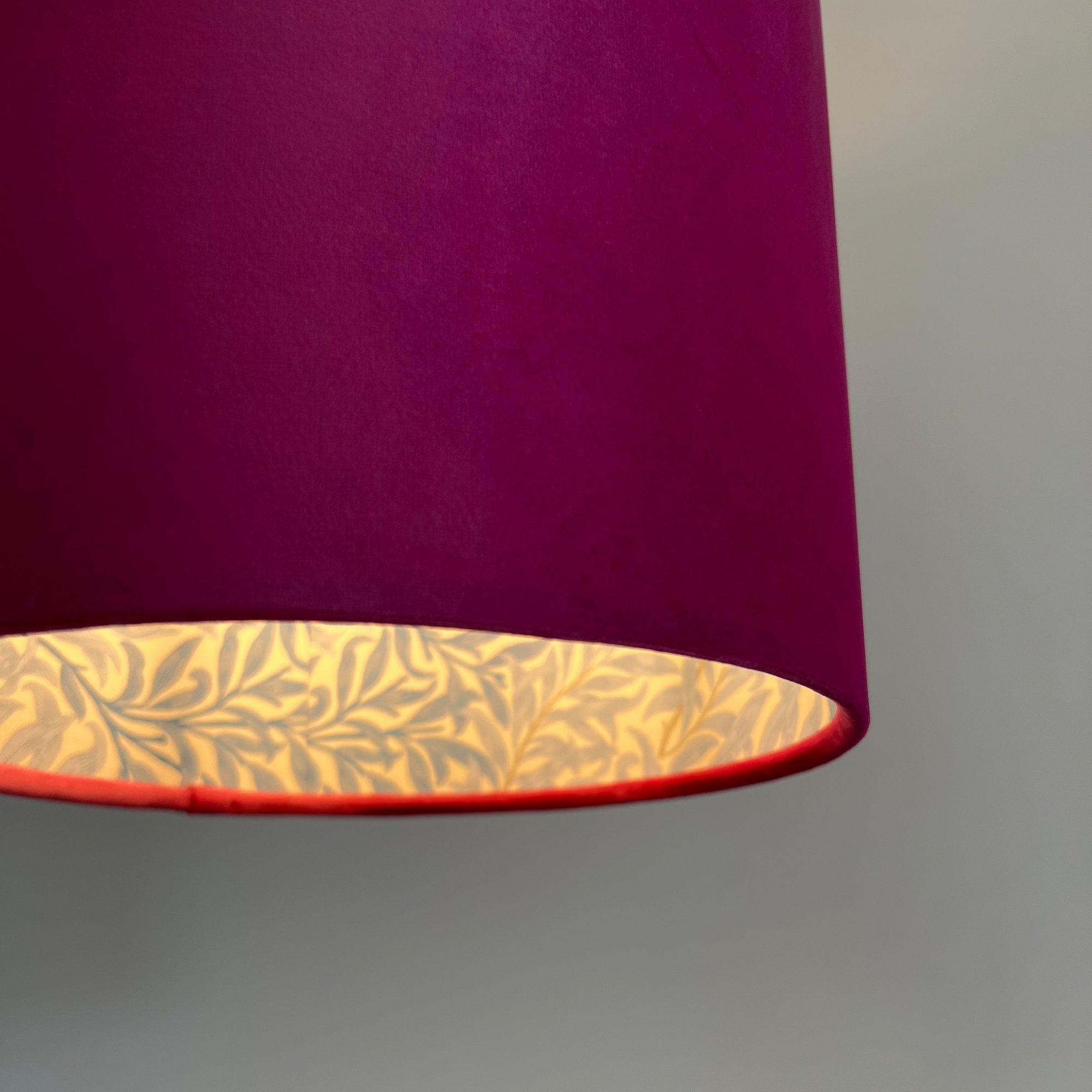 Hot Pink Velvet &amp; William Morris Blue Willow Leaves Double Sided Drum Lampshade | Handmade Ceiling Light Shade | Bespoke UK