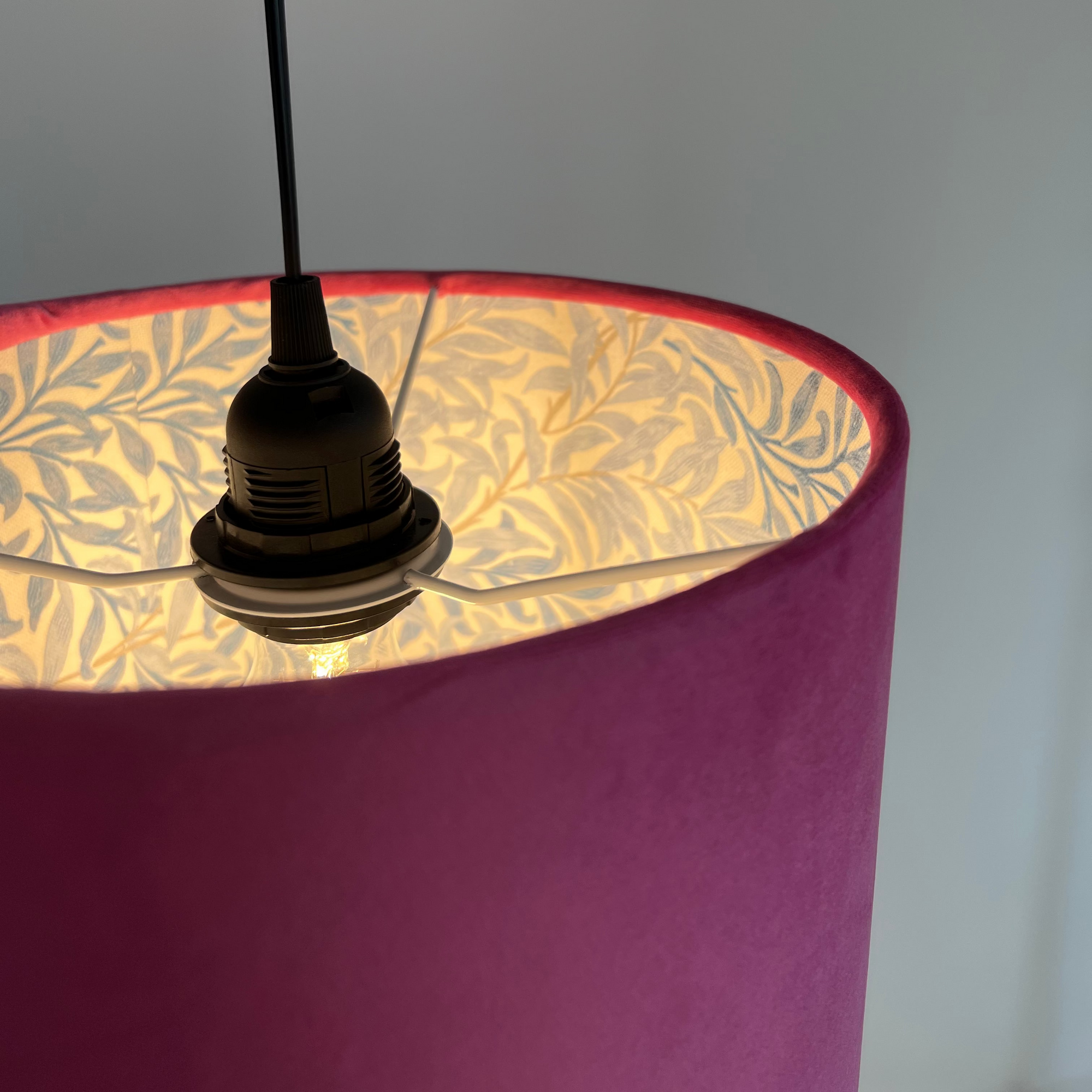 Hot Pink Velvet &amp; William Morris Blue Willow Leaves Double Sided Drum Lampshade | Handmade Ceiling Light Shade | Bespoke UK