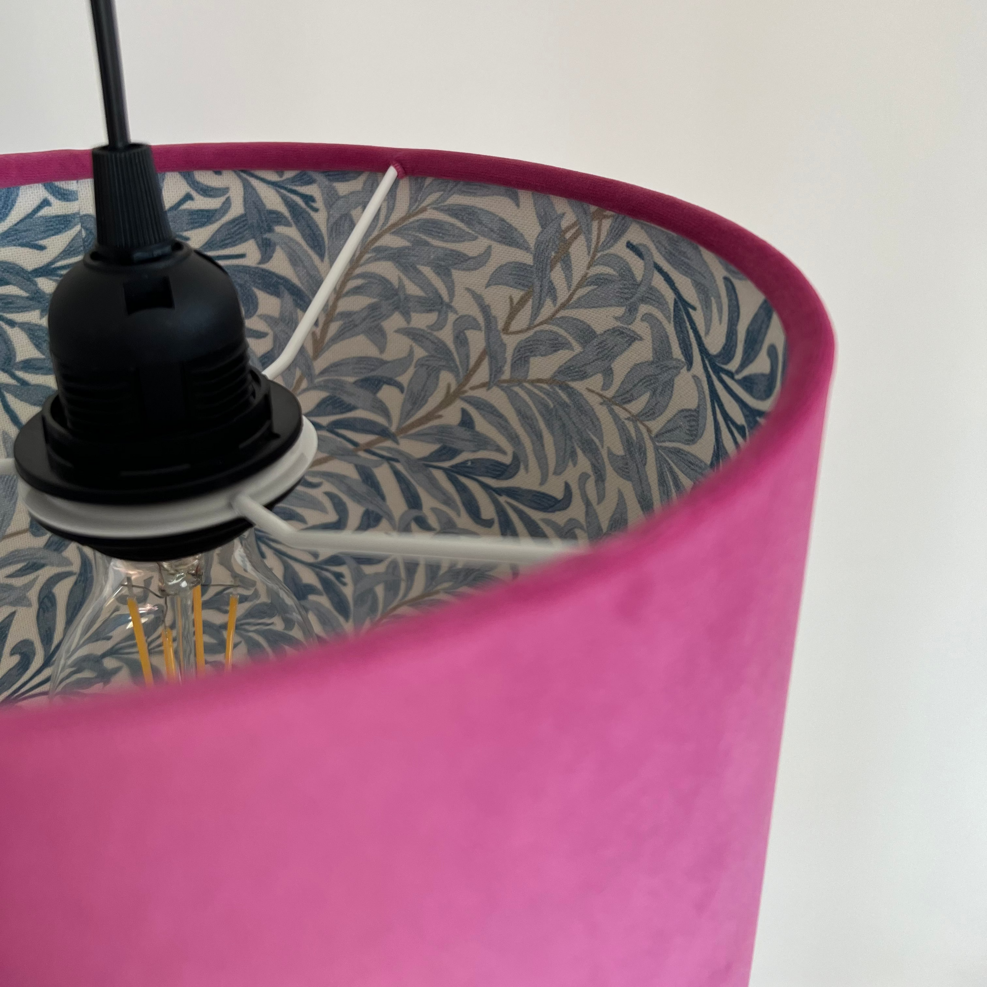 Hot Pink Velvet &amp; William Morris Blue Willow Leaves Double Sided Drum Lampshade | Handmade Ceiling Light Shade | Bespoke UK