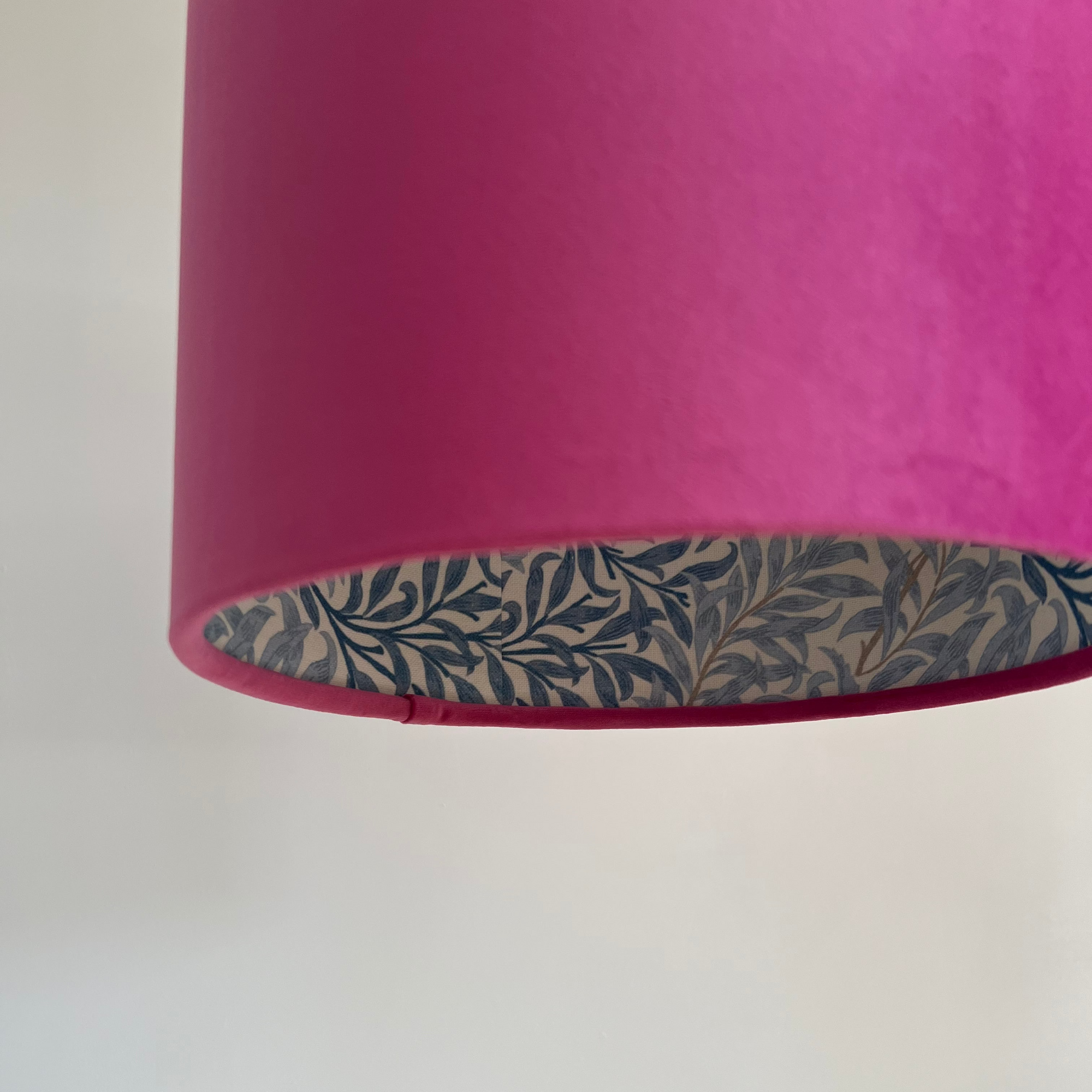 Hot Pink Velvet &amp; William Morris Blue Willow Leaves Double Sided Drum Lampshade | Handmade Ceiling Light Shade | Bespoke UK