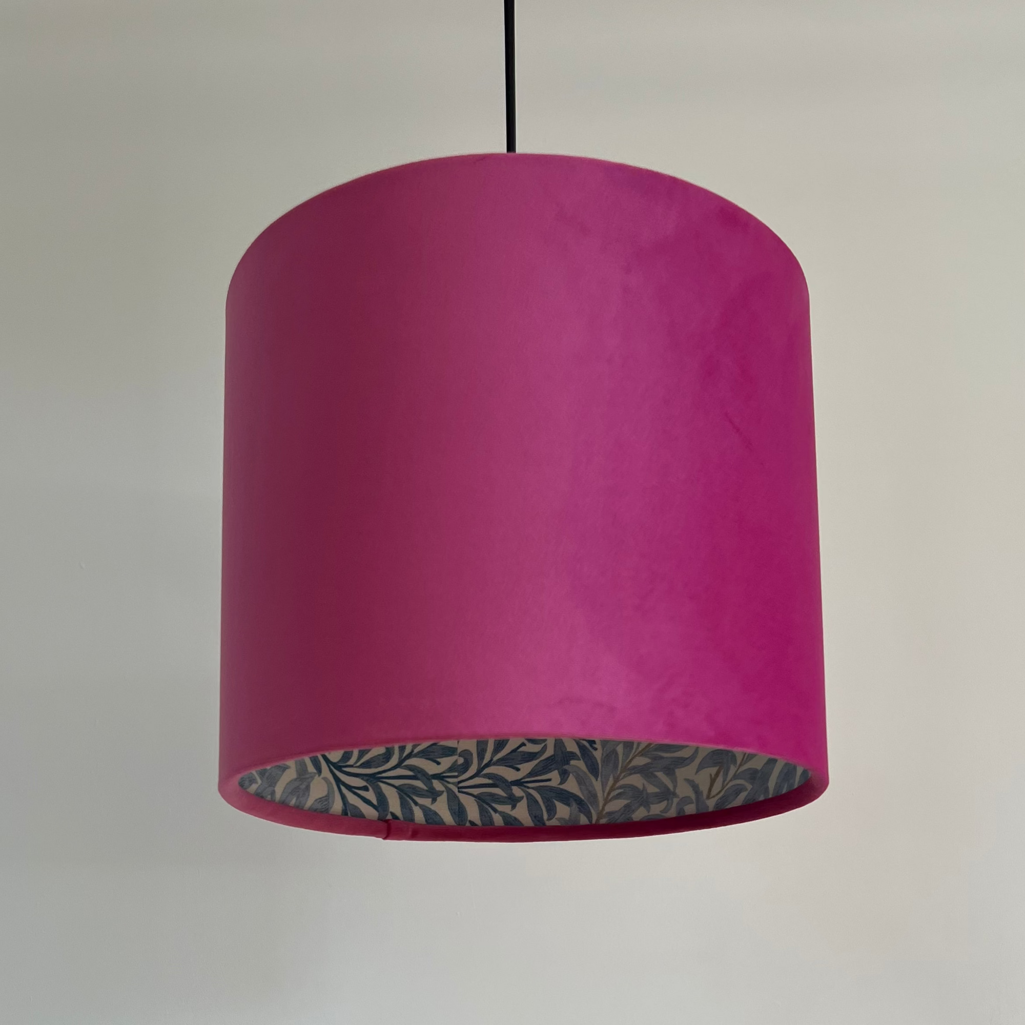 Hot Pink Velvet &amp; William Morris Blue Willow Leaves Double Sided Drum Lampshade | Handmade Ceiling Light Shade | Bespoke UK