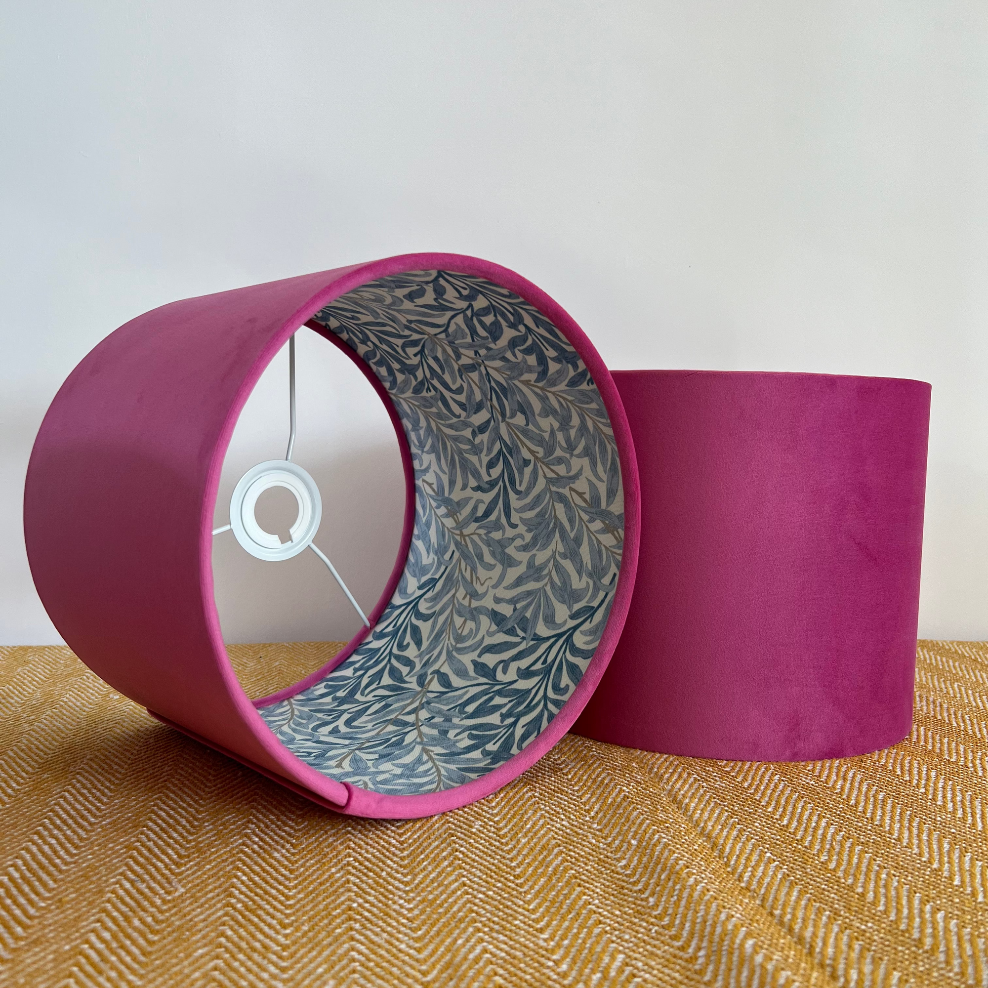Hot Pink Velvet &amp; William Morris Blue Willow Leaves Double Sided Drum Lampshade | Handmade Ceiling Light Shade | Bespoke UK