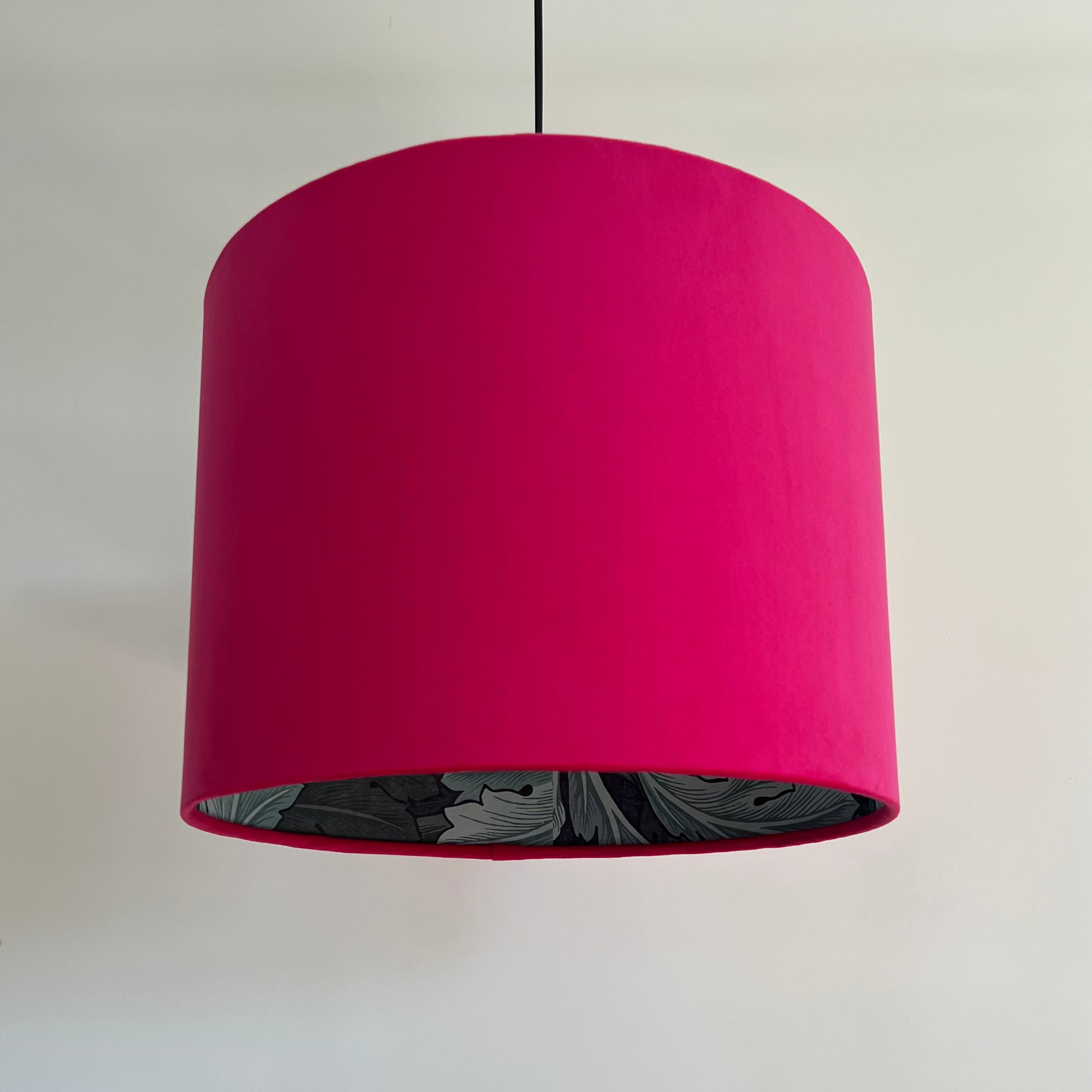 Cerise pink velvet drum lampshade/ ceiling light shade with blue leaves paper interior