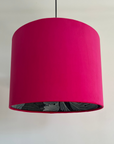 Cerise pink velvet drum lampshade/ ceiling light shade with blue leaves paper interior