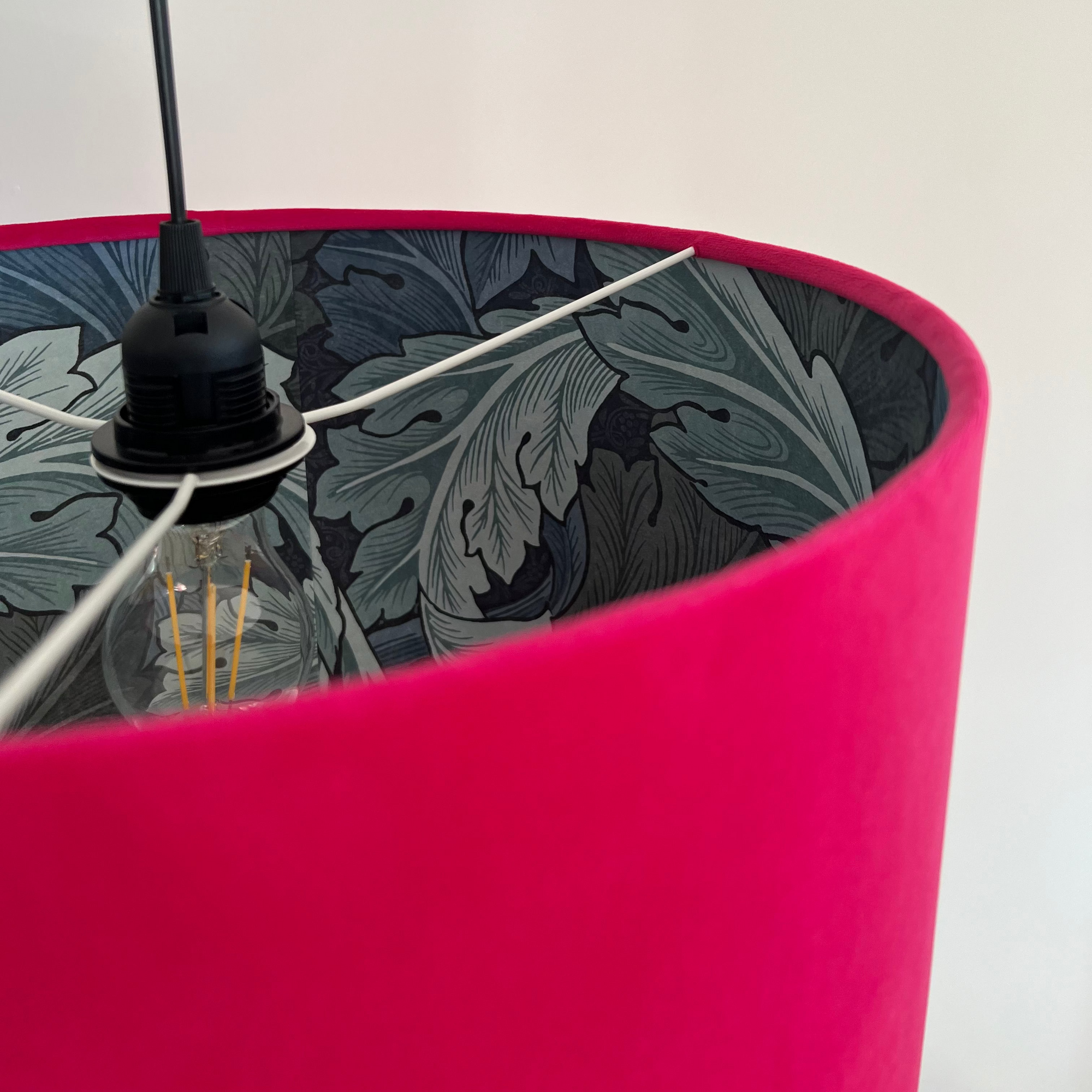 Cerise pink velvet drum lampshade/ ceiling light shade with blue leaves paper interior