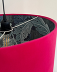 Cerise pink velvet drum lampshade/ ceiling light shade with blue leaves paper interior