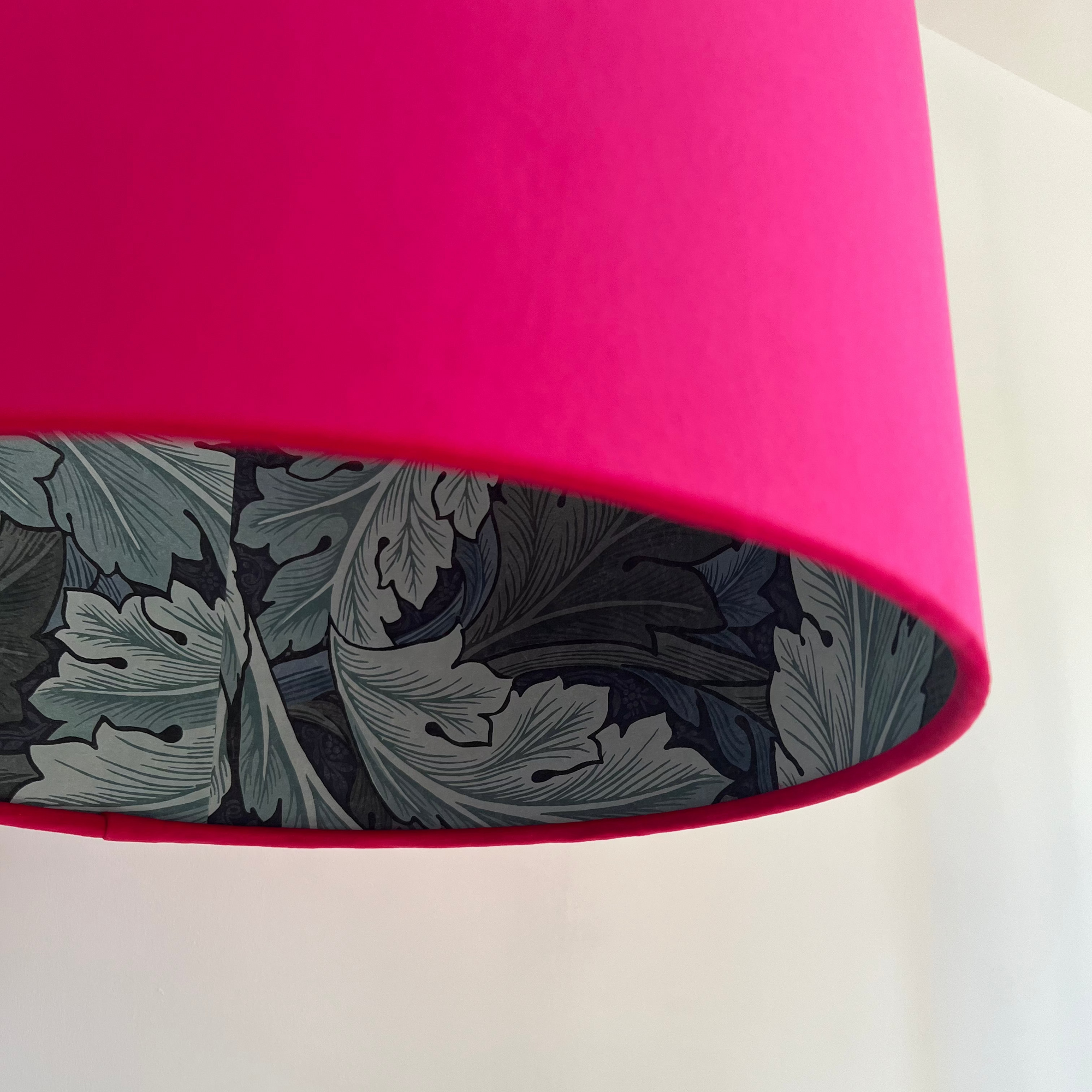 Cerise pink velvet drum lampshade/ ceiling light shade with blue leaves paper interior