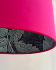 Cerise pink velvet drum lampshade/ ceiling light shade with blue leaves paper interior