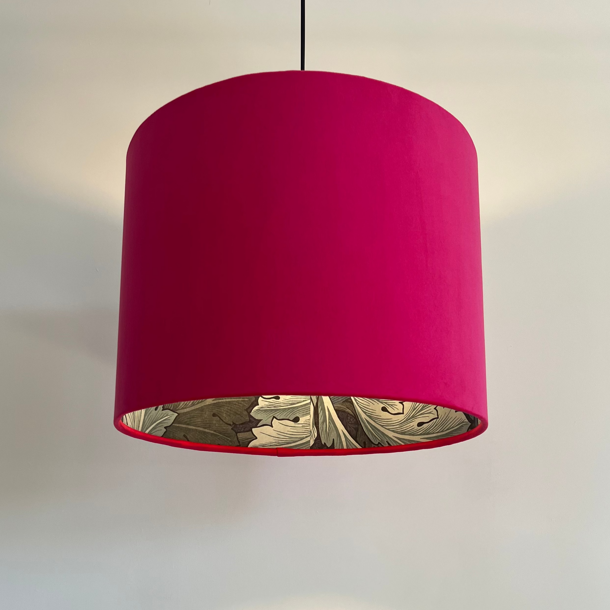 Cerise pink velvet drum lampshade/ ceiling light shade with blue leaves paper interior