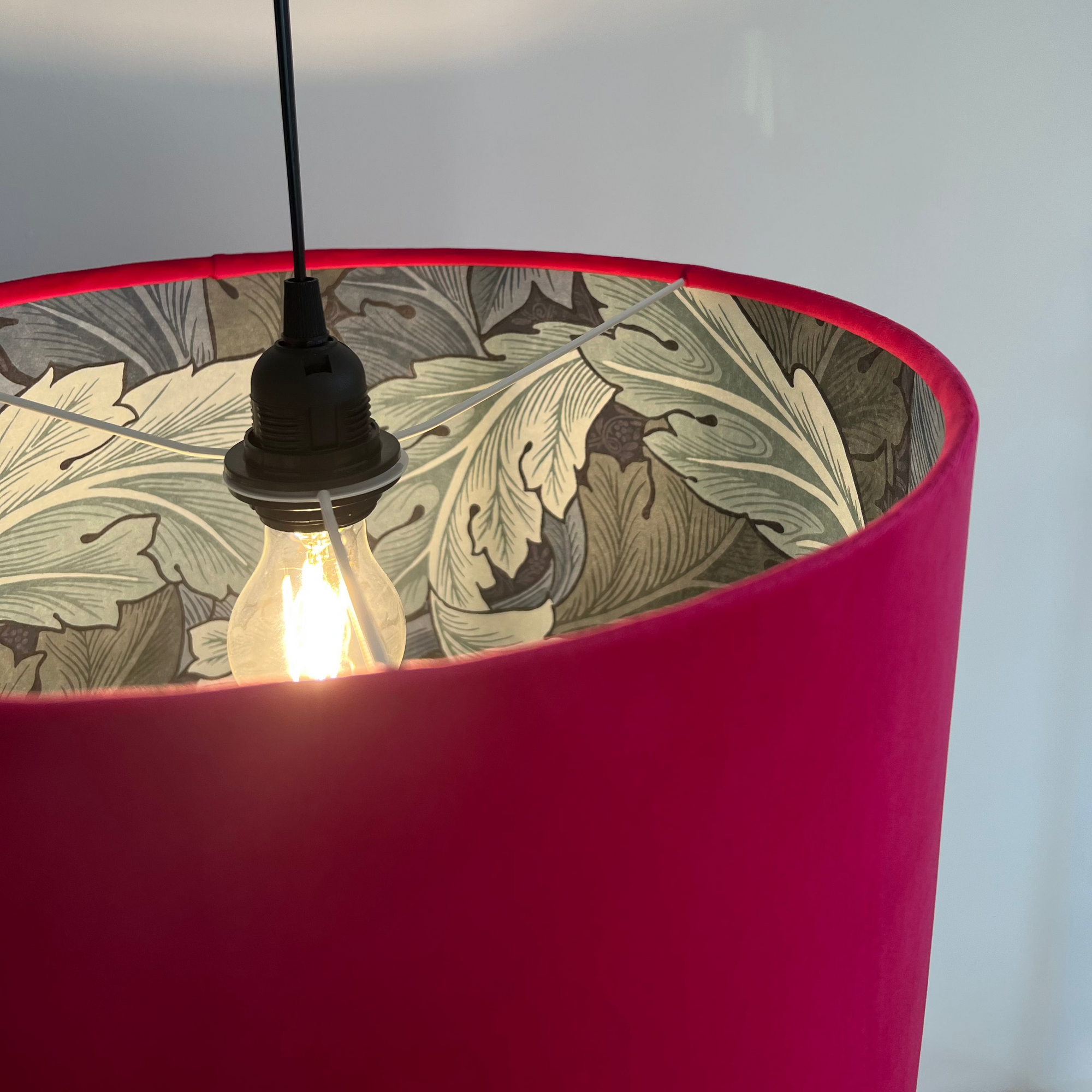 Cerise pink velvet drum lampshade/ ceiling light shade with blue leaves paper interior