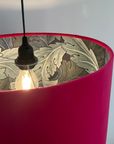 Cerise pink velvet drum lampshade/ ceiling light shade with blue leaves paper interior