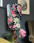 Peacock floral Velvet cylinder lampshade, in black, extra tall lampshade