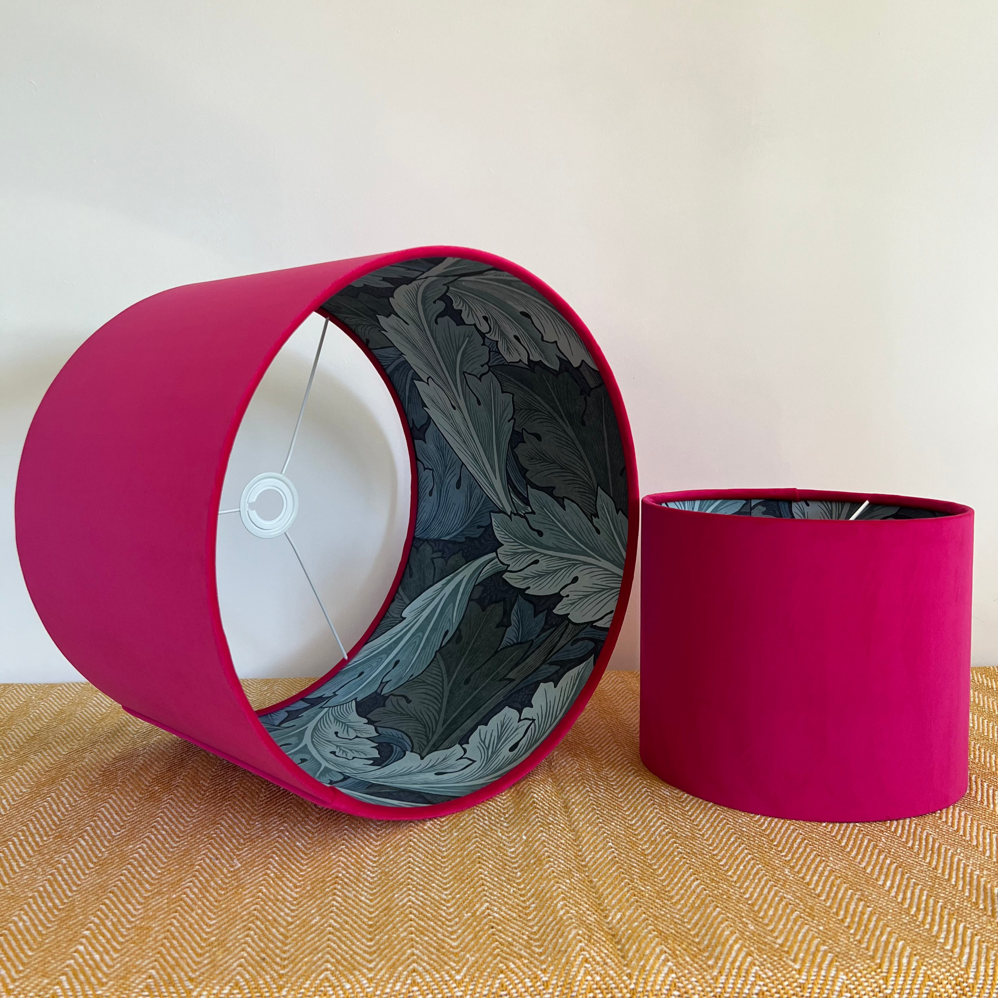 Cerise pink velvet drum lampshade/ ceiling light shade with blue leaves paper interior