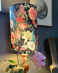 Peacock floral Velvet cylinder lampshade, in black, extra tall lampshade