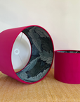 Cerise pink velvet drum lampshade/ ceiling light shade with blue leaves paper interior