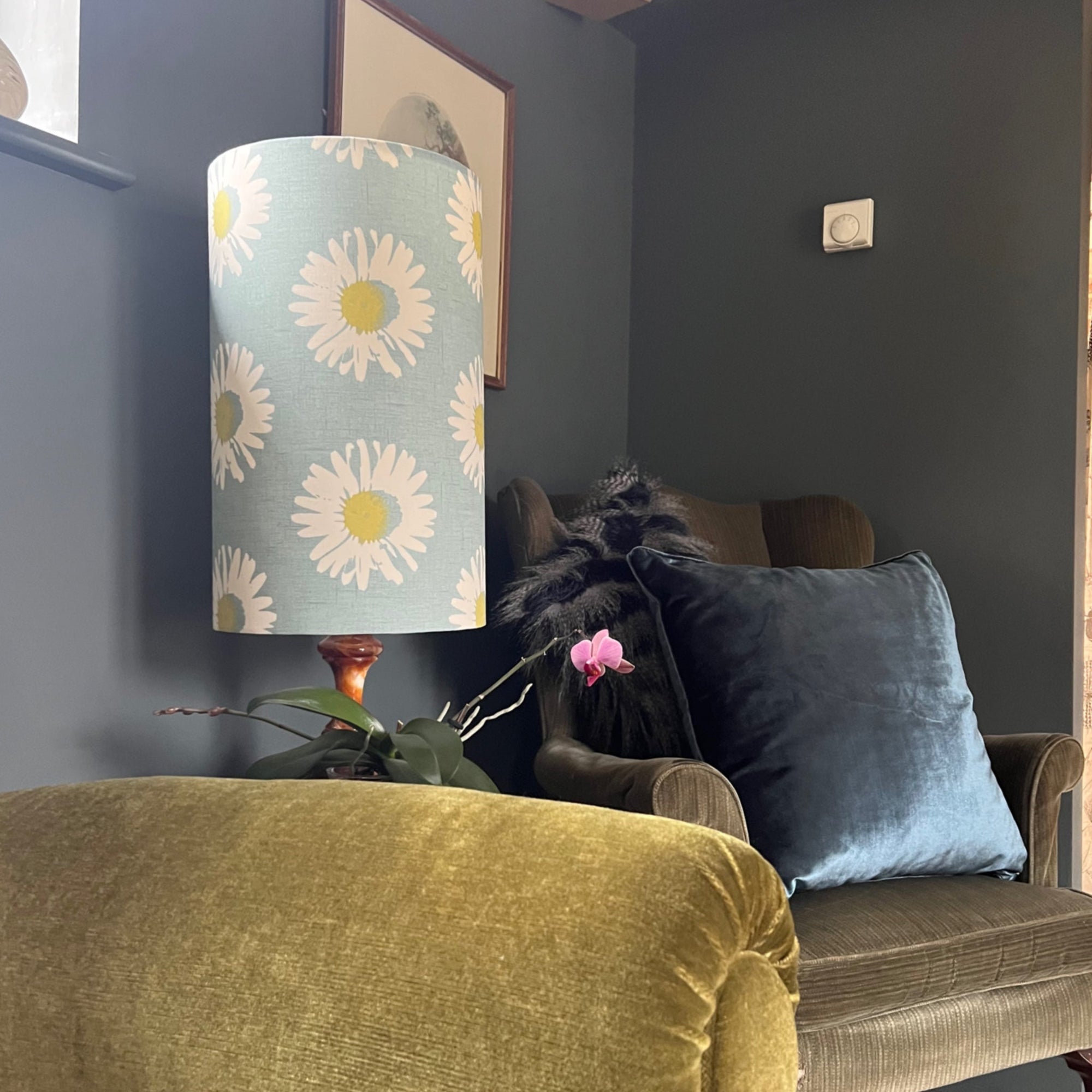 Daisy Pastel Blue Cotton Lampshade | Extra Tall Cylinder Ceiling Light Shade | Bespoke Handmade UK