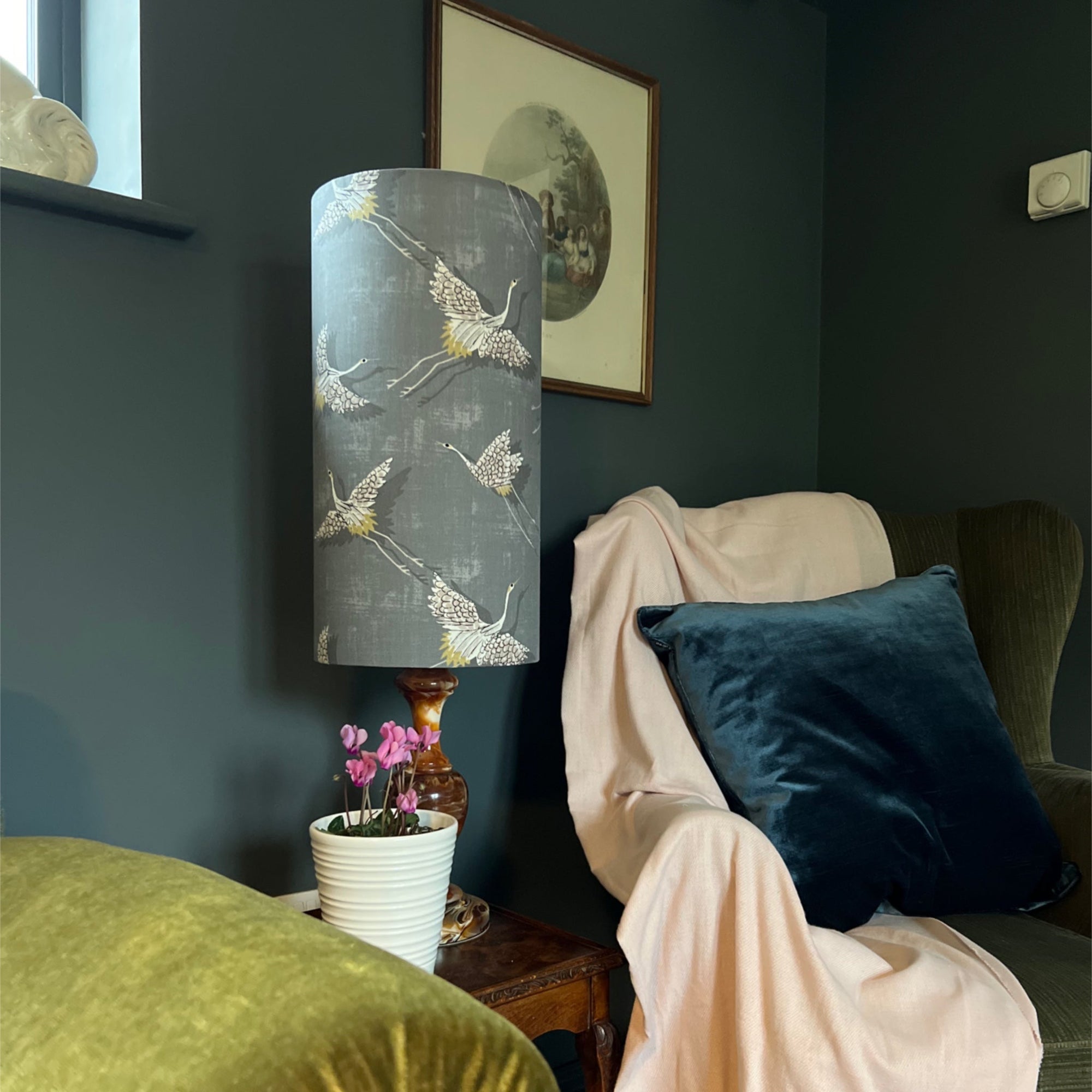 Flying Birds Slate Cotton Lampshade | Extra Tall Cylinder Ceiling Light Shade | Bespoke Handmade UK
