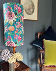 Summer garden Velvet cylinder lampshade, in teal, extra tall lampshade