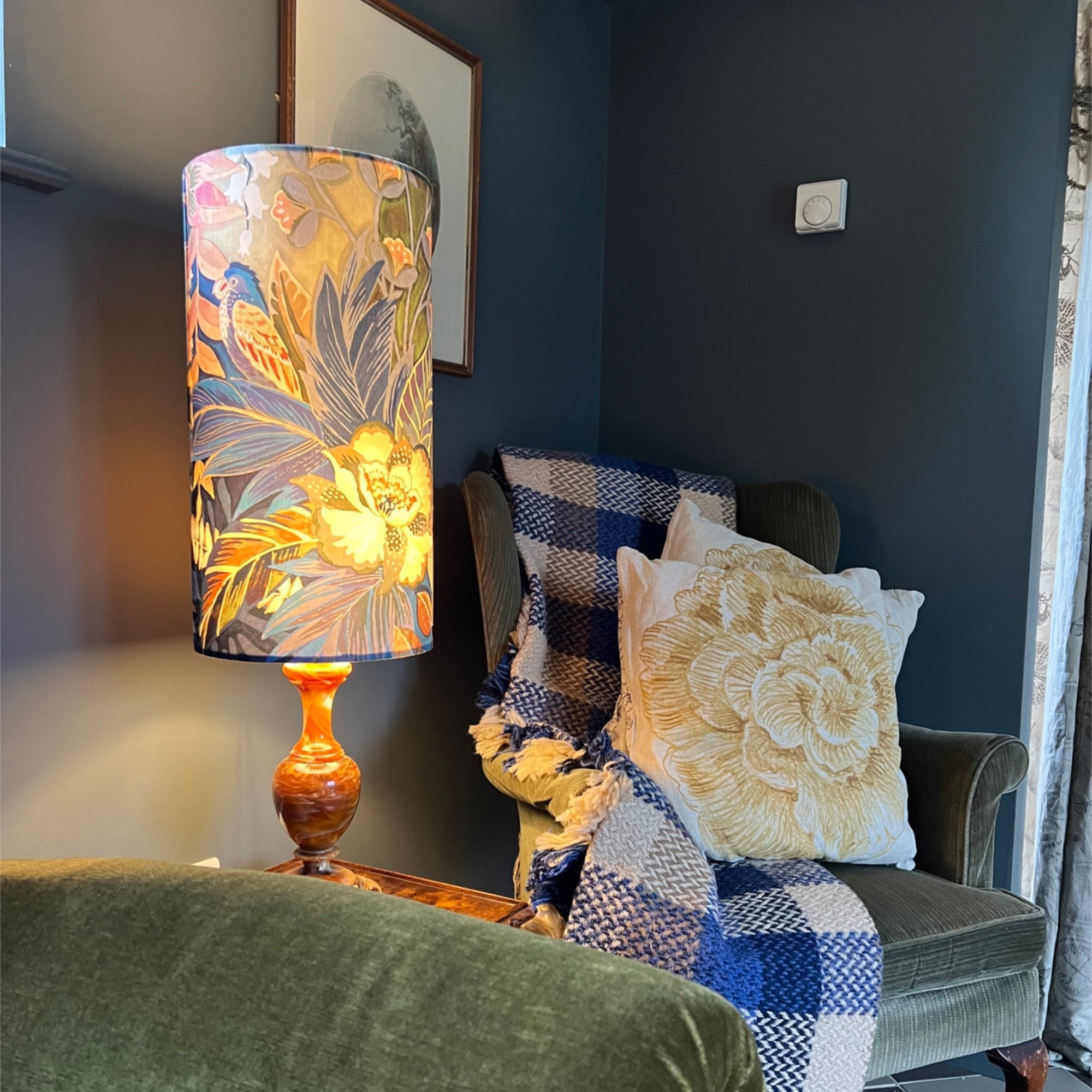 Floral midnight Velvet cylinder lampshade, extra tall lampshade
