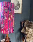 Botanical Cerise pink velvet cylinder lampshade, extra tall lampshade