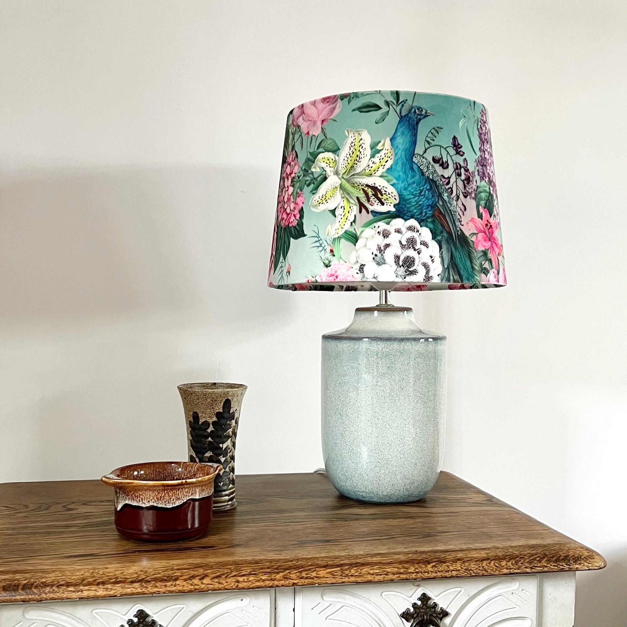 Duck Egg Peacock Floral Velvet French Drum Lampshade | Handmade Ceiling Light Shade | UK
