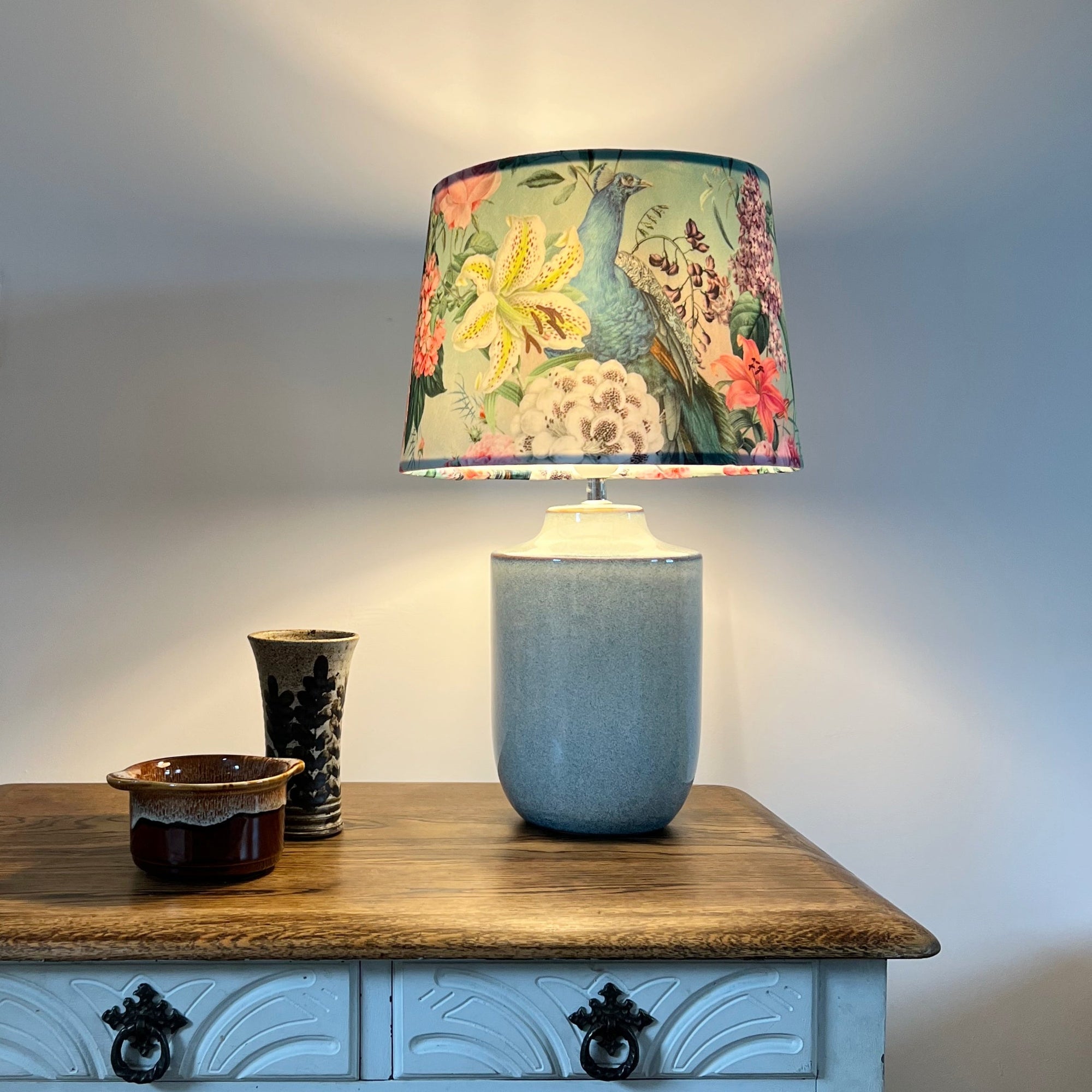 Duck Egg Peacock Floral Velvet French Drum Lampshade | Handmade Ceiling Light Shade | UK