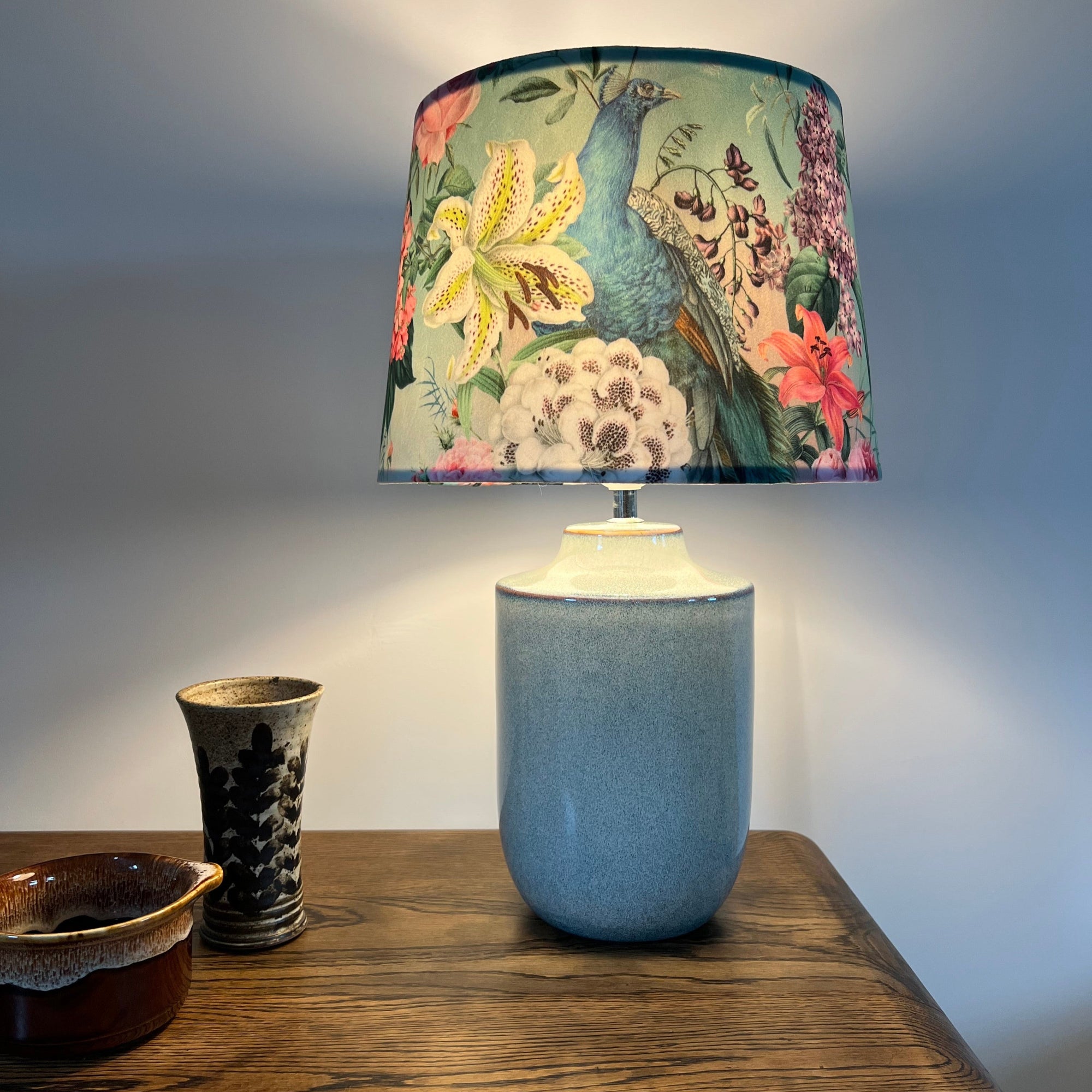 Duck Egg Peacock Floral Velvet French Drum Lampshade | Handmade Ceiling Light Shade | UK