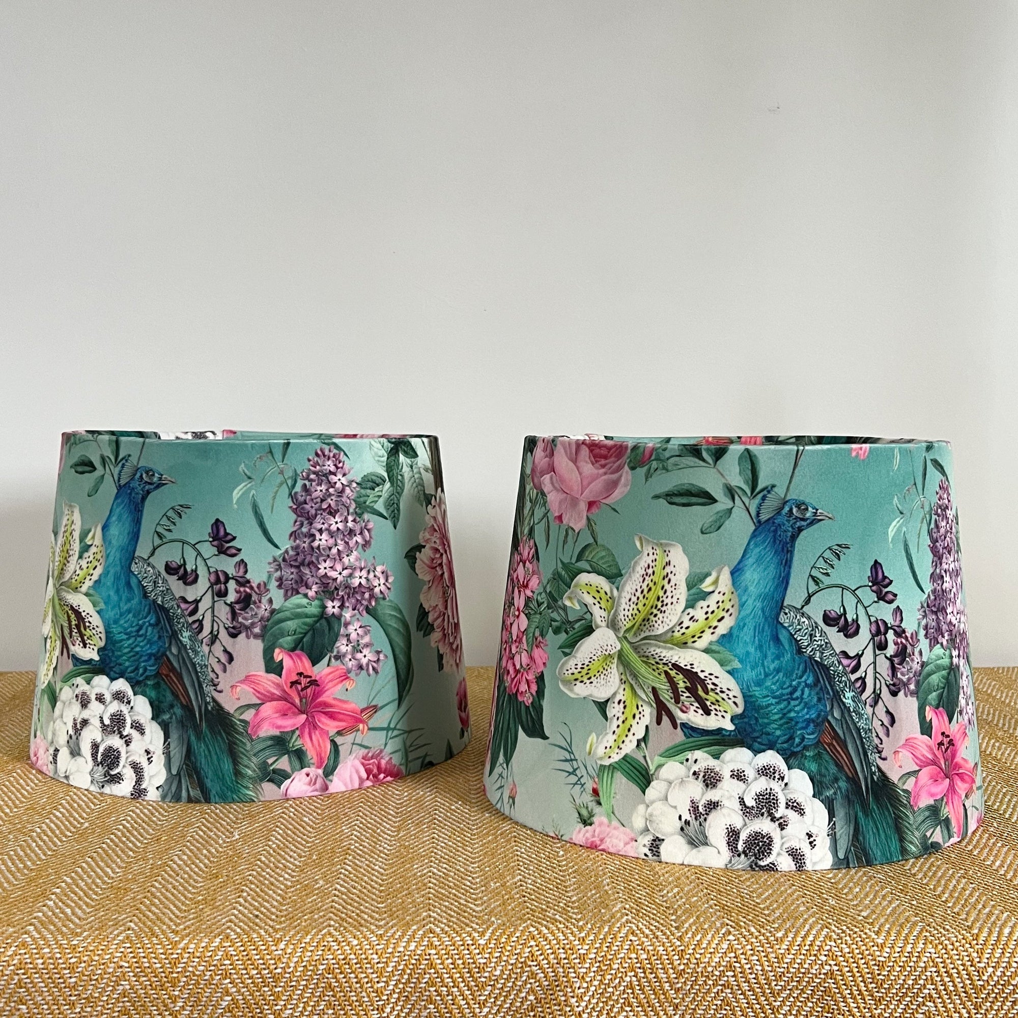 Duck Egg Peacock Floral Velvet French Drum Lampshade | Handmade Ceiling Light Shade | UK