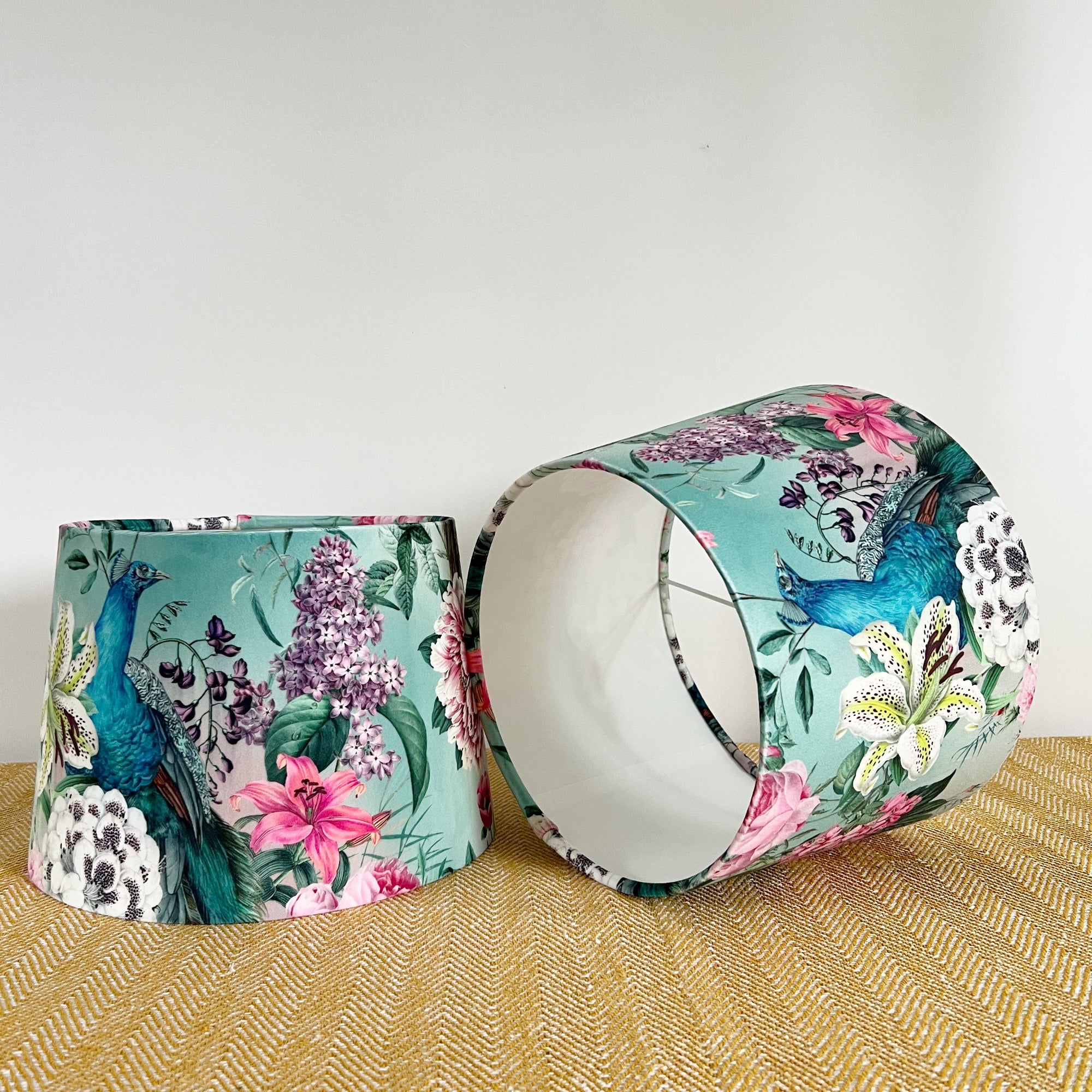 Duck Egg Peacock Floral Velvet French Drum Lampshade | Handmade Ceiling Light Shade | UK