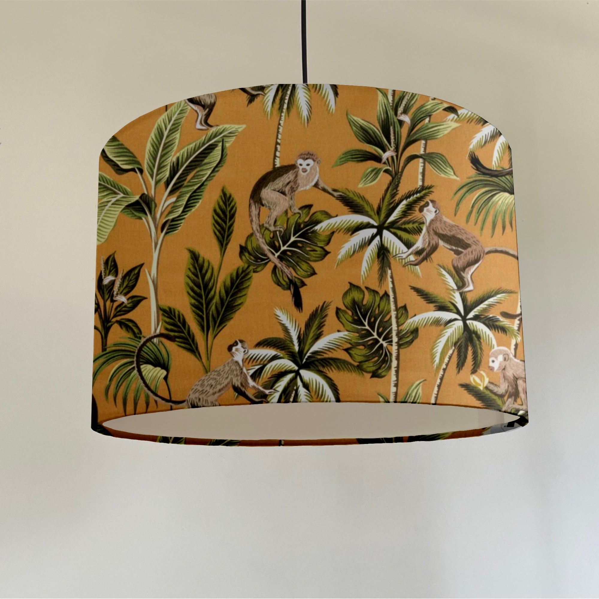 Jungle monkey cotton, in mustard, drum lampshade /ceiling shade with a white lining