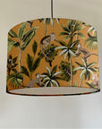 Jungle monkey cotton, in mustard, drum lampshade /ceiling shade with a white lining
