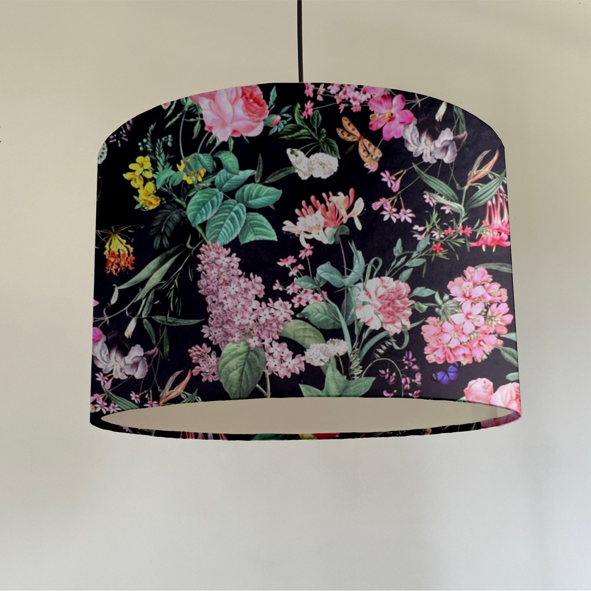 Butterfly floral velvet in black, drum lampshade / ceiling shade, with a white lining