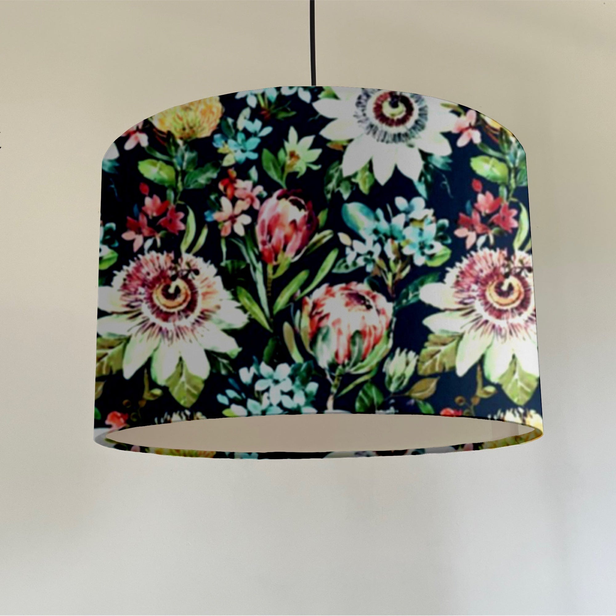 Summer garden velvet in midnight, drum lampshade /ceiling shade with a white lining