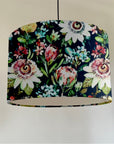 Summer garden velvet in midnight, drum lampshade /ceiling shade with a white lining