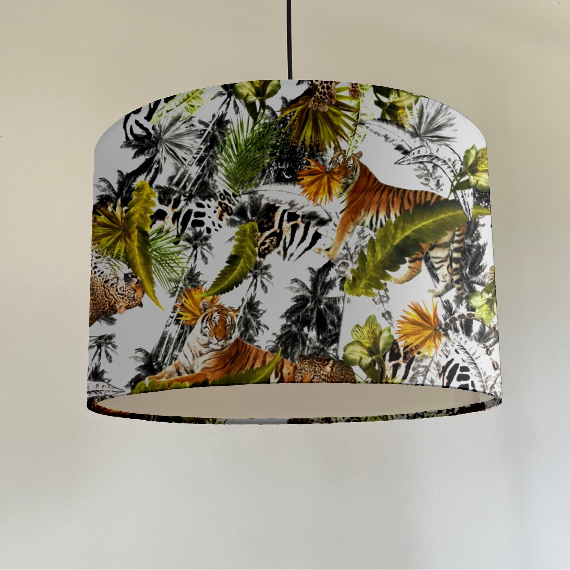 Tiger cheetah jungle velvet drum lampshade / ceiling shade, with a white lining