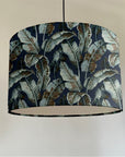 Navy leaves velvet, drum lampshade /ceiling shade with a white lining