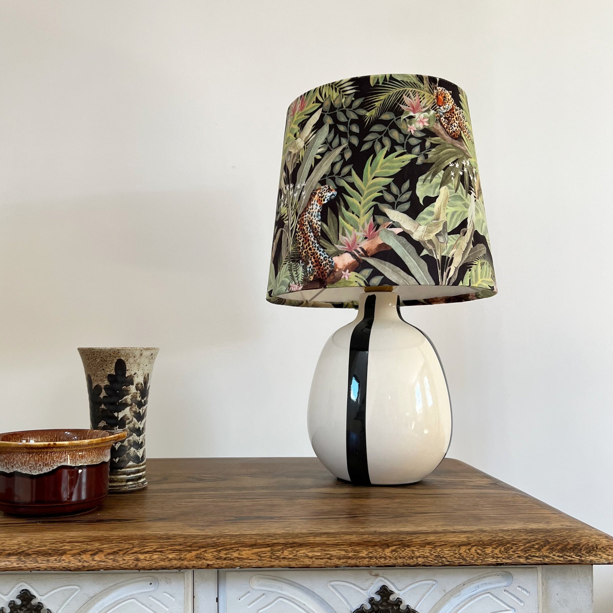 Leopard &amp; Palm Trees Velvet French Drum Lampshade | Handmade Ceiling Light Shade | UK