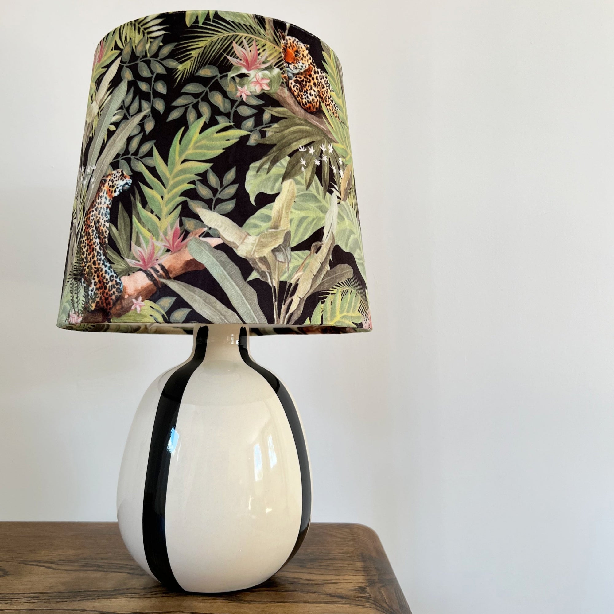 Leopard &amp; Palm Trees Velvet French Drum Lampshade | Handmade Ceiling Light Shade | UK
