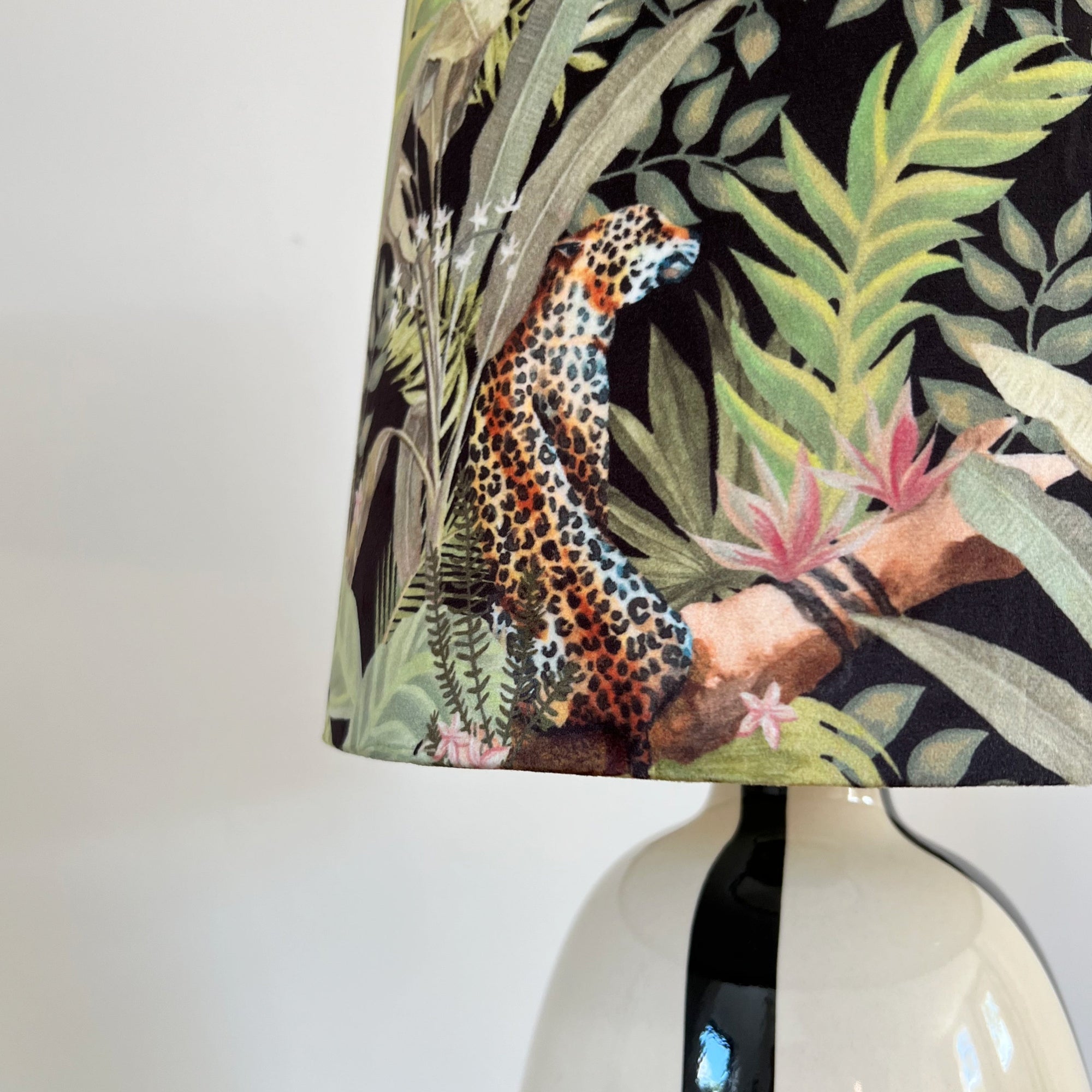 Leopard &amp; Palm Trees Velvet French Drum Lampshade | Handmade Ceiling Light Shade | UK