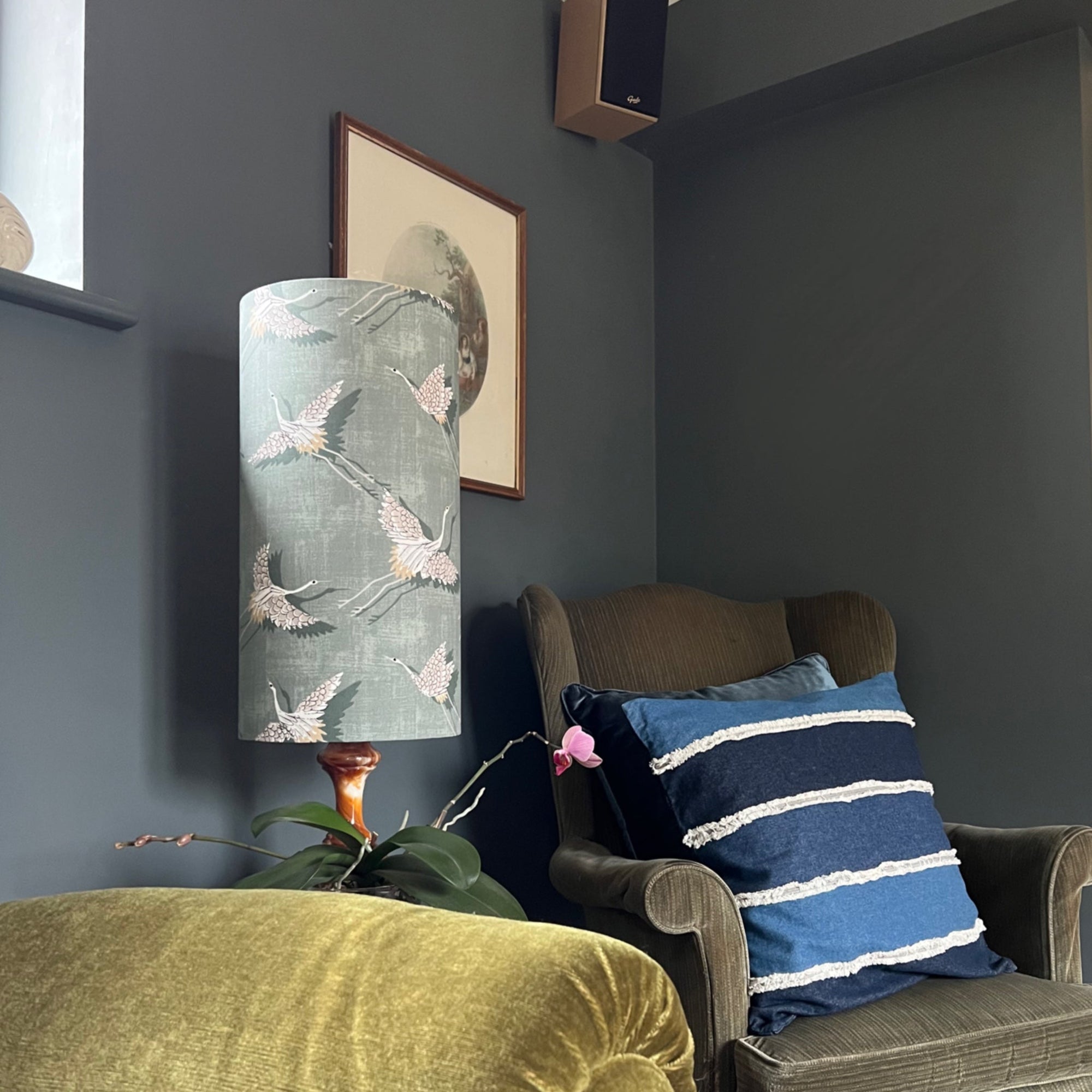 Flying Birds Olive Cotton Lampshade | Extra Tall Cylinder Ceiling Light Shade | Bespoke Handmade UK