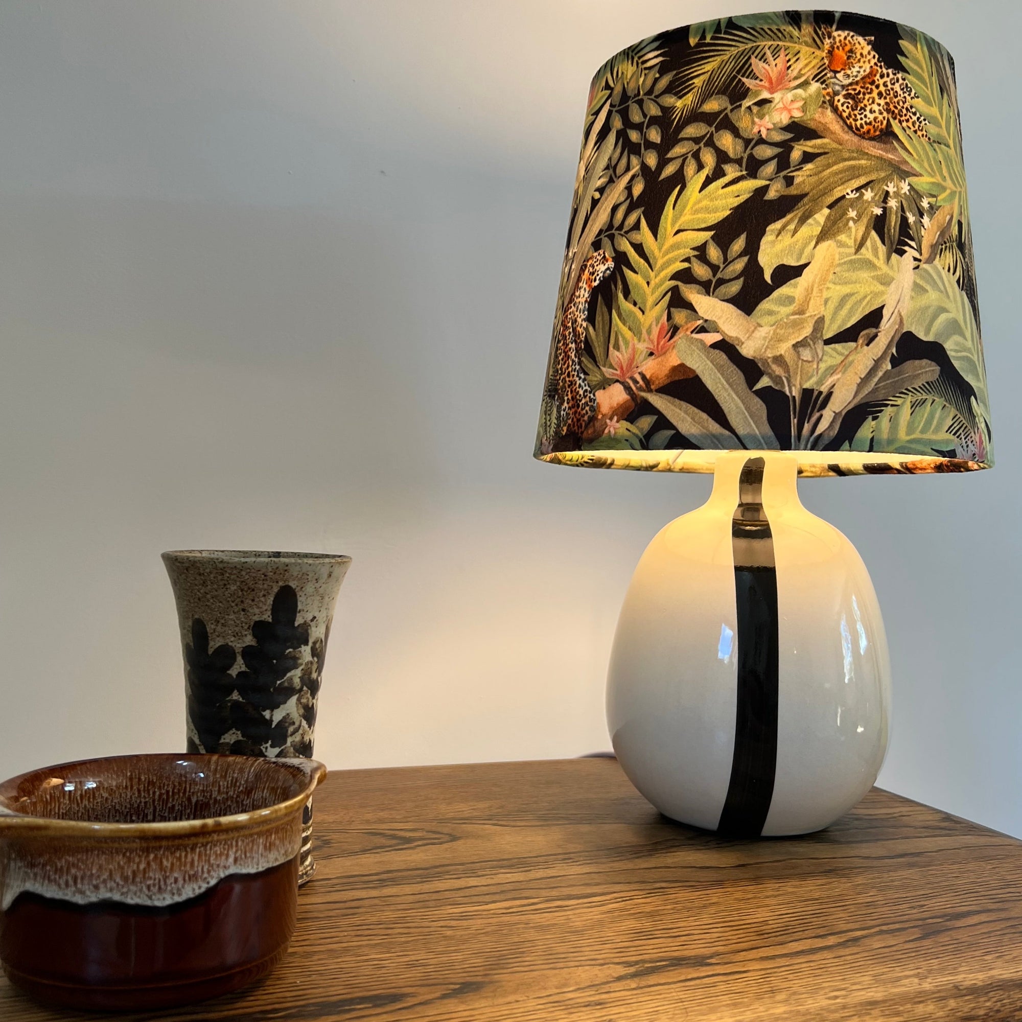 Leopard &amp; Palm Trees Velvet French Drum Lampshade | Handmade Ceiling Light Shade | UK