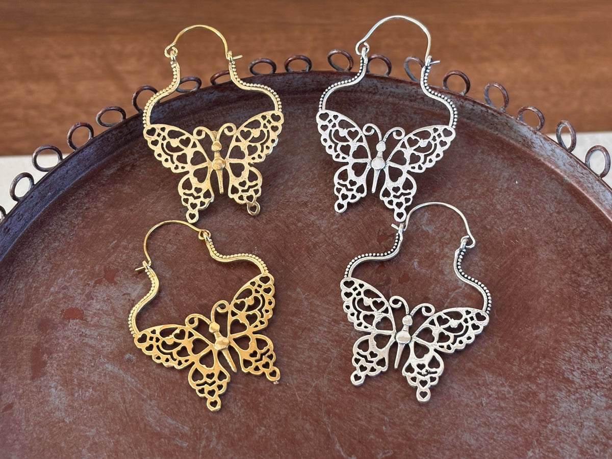 Butterfly Hoop Earrings – Filigree Design in Gold or Silver Finish
