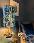 Leaves Velvet cylinder lampshade, in black, extra tall lampshade