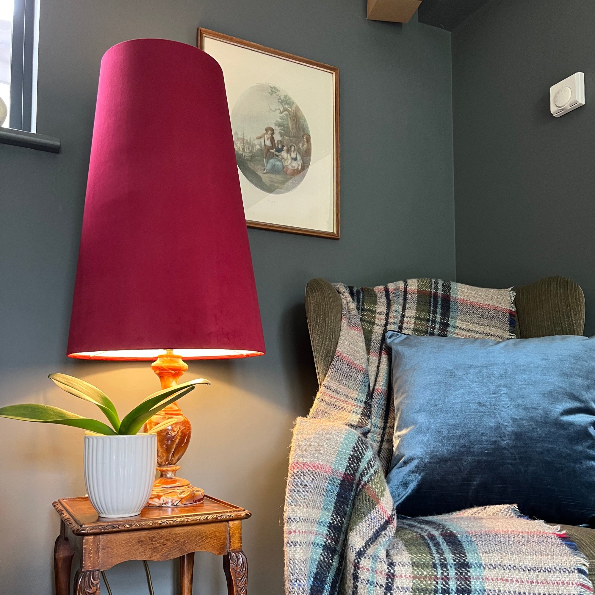 Red Velvet Lampshade | Extra Tall Cone Light Shade | Bespoke Handmade UK